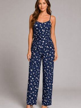 Womens Navy Floral Spaghetti-Strap Pants Jumpsuit Size L